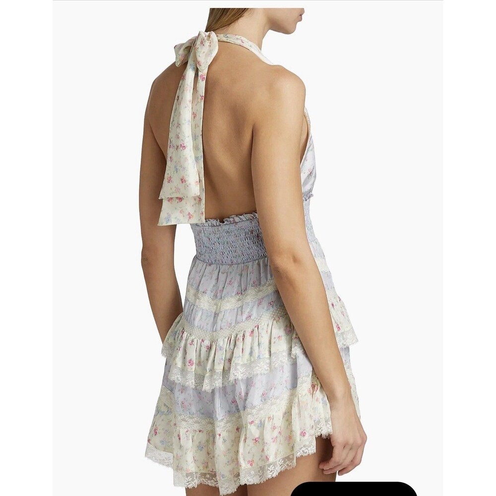Loveshackfancy Prim Halterneck Floral Silk Minidress Pearled Blue Medium AUTH - Picture 2 of 7
